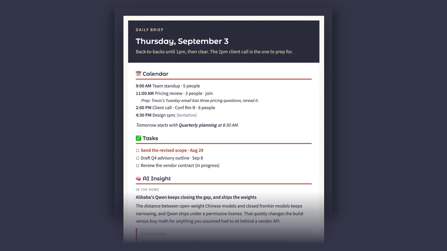 The daily brief email: a date, a one-line summary of the day, then calendar, tasks and an AI insight.